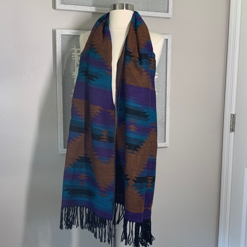 Southwestern aztec print scarf black, tan, purple and turquoise